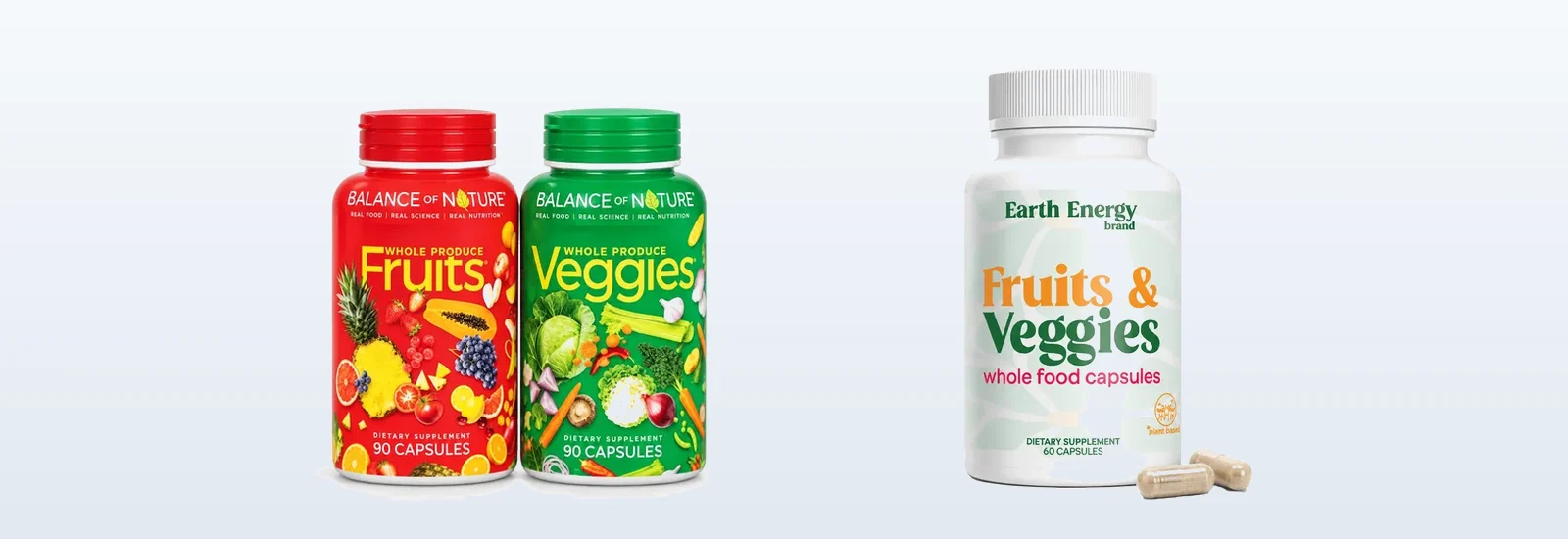 Balance of Nature and Earth Energy Fruits & Veggies bottles side by side