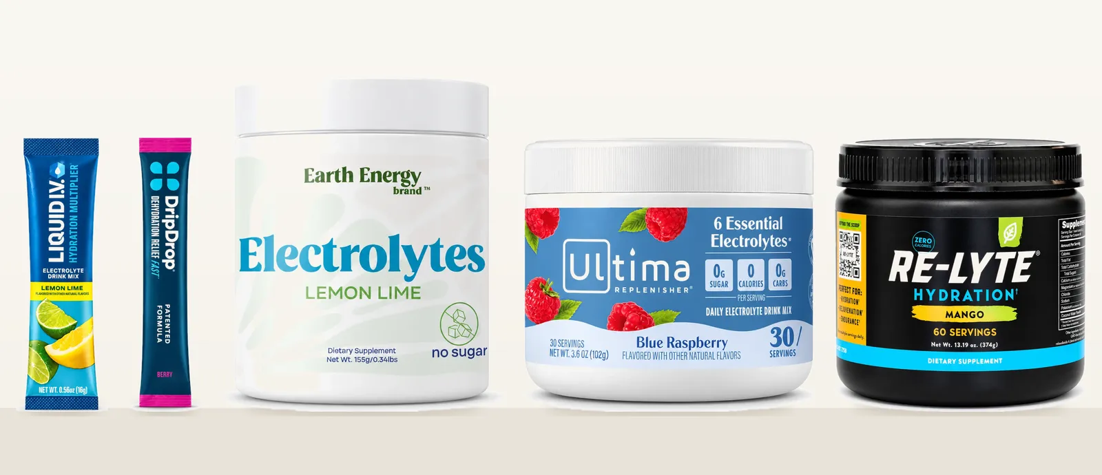 Five electrolyte powders compared by jar, sticks, minerals and sugar