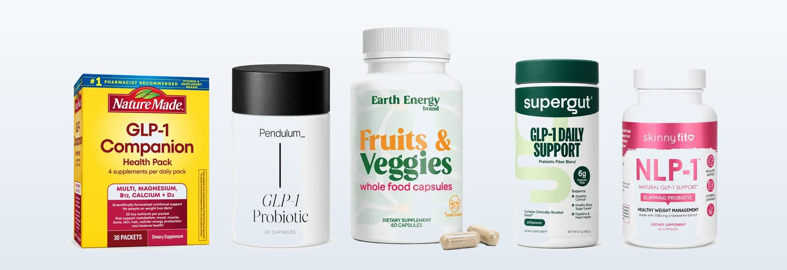 Nature Made GLP-1 Companion, Pendulum GLP-1 Probiotic, Earth Energy Fruits & Veggies, Supergut GLP-1 Daily Support and SkinnyFit NLP-1 side by side