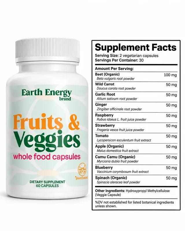 Earth Energy Fruits & Veggies Supplement Facts panel listing all 11 ingredient amounts