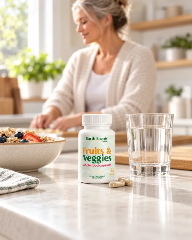 Earth Energy Fruits & Veggies bottle and two capsules on a kitchen counter next to breakfast