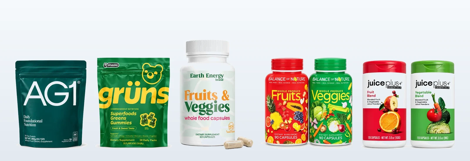 AG1, Grüns, Earth Energy Fruits & Veggies, Balance of Nature and Juice Plus+ side by side