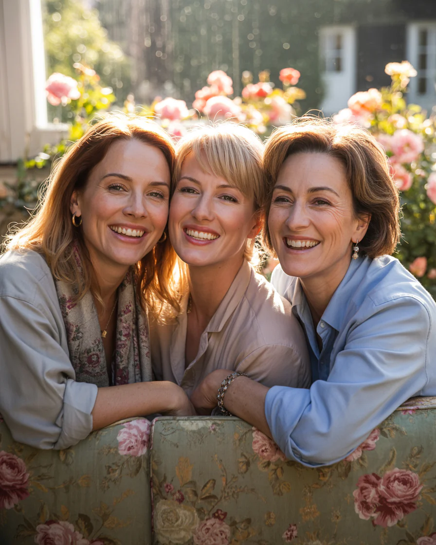 3 women smiling at the camera with their heads presssed together