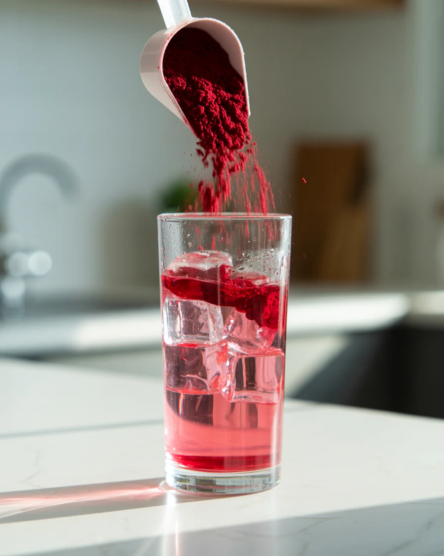 pouring a scoop of red powder into a glass of ice water
