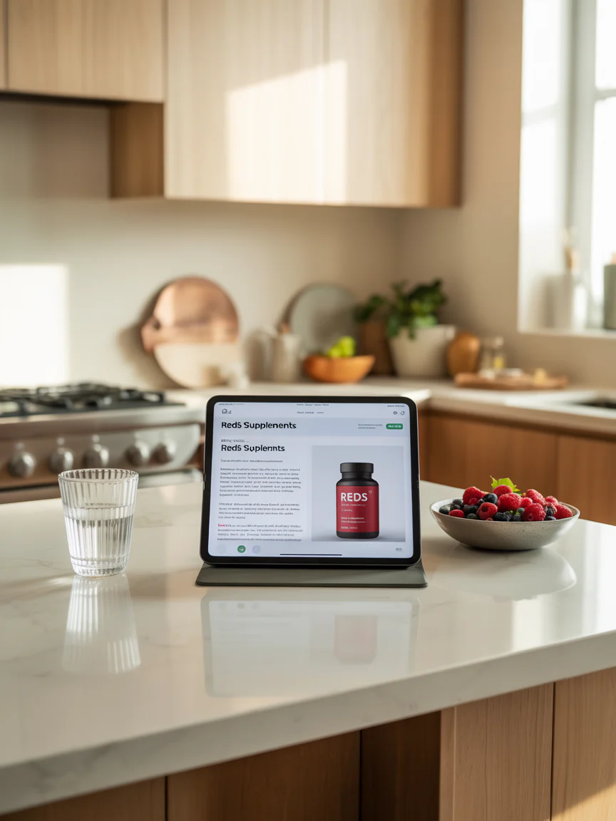 Tablet sitting on a kitchen counter beside a glass of water