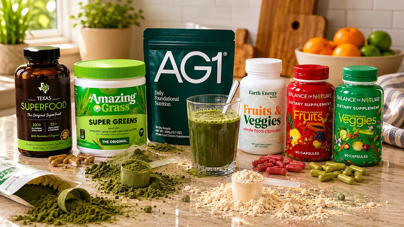 Top fruits and veggies supplements on a kitchen counter