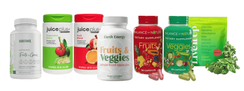 Top fruits and veggies supplement bottles on a kitchen counter