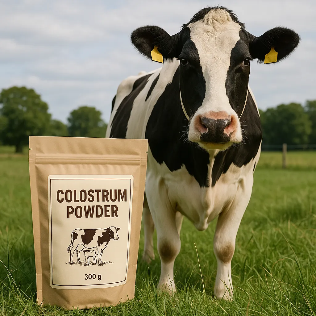 Colostrum powder beside a cow
