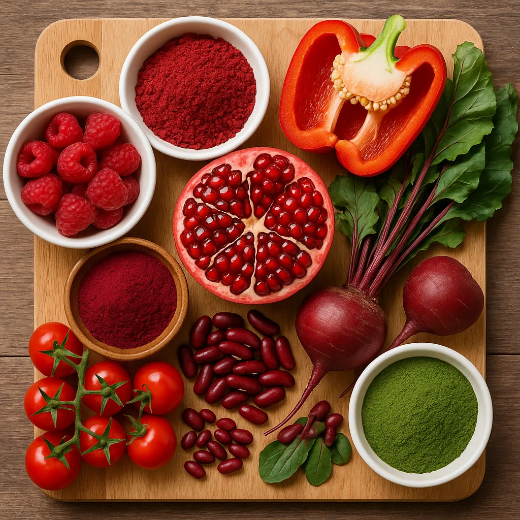 Raw reds powder beside natural red superfoods